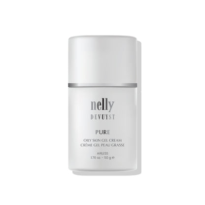 Flacon blanc du Gel Crème Peau Grasse Pure Nelly DeVuyst, soin hydratant non gras qui régule le sébum et affine le grain de peau.