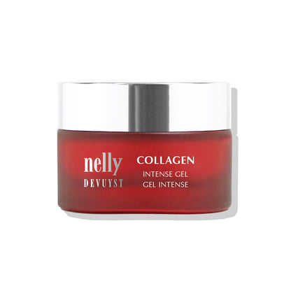 Pot rouge du Gel Intense Collagène Nelly DeVuyst, soin hydratant et raffermissant qui stimule la production naturelle de collagène pour une peau plus tonique et éclatante.