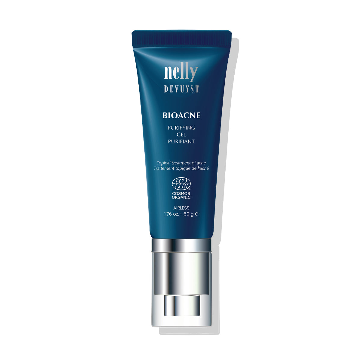 Tube bleu du Gel Purifiant BioAcné Nelly DeVuyst, soin certifié biologique formulé pour purifier la peau, réguler le sébum et apaiser les rougeurs liées à l’acné.