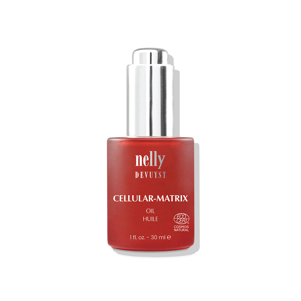 Flacon compte-gouttes rouge de l'Huile Cellular-Matrix Nelly Devuyst, soin anti-âge certifié ECOCERT COSMOS Natural, 30 ml, pour peaux sèches et matures.