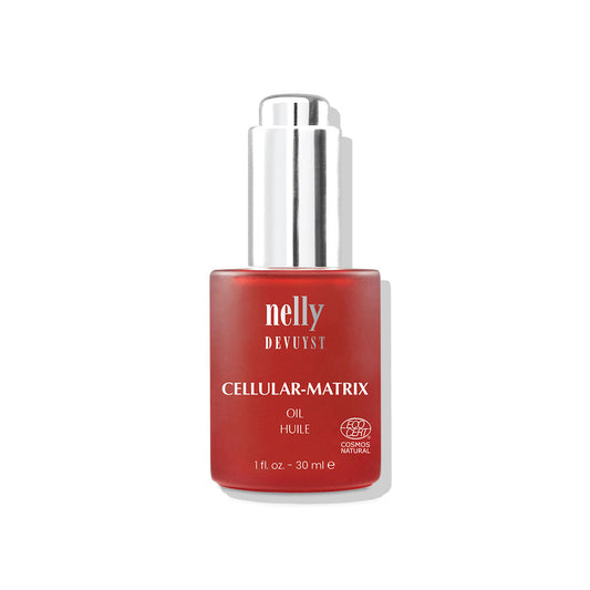 Flacon compte-gouttes rouge de l'Huile Cellular-Matrix Nelly Devuyst, soin anti-âge certifié ECOCERT COSMOS Natural, 30 ml, pour peaux sèches et matures.