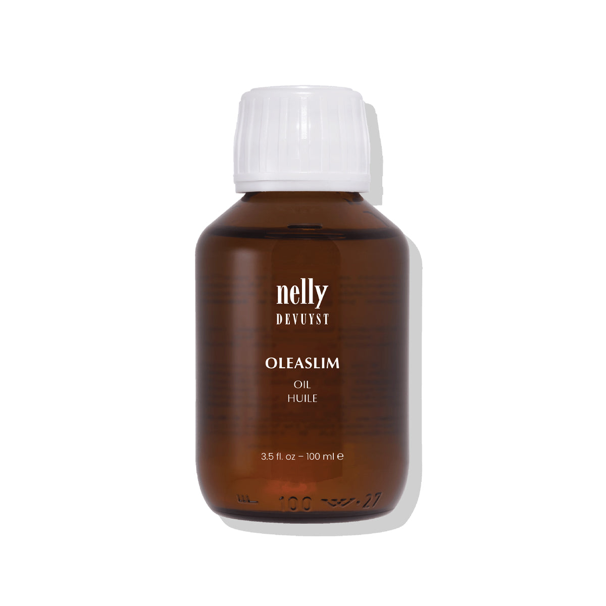 Flacon ambré 100 ml de l'Huile Oléaslim Nelly Devuyst, huile détoxifiante anticellulite aux huiles essentielles de pin, genévrier et sauge pour peau mature.
