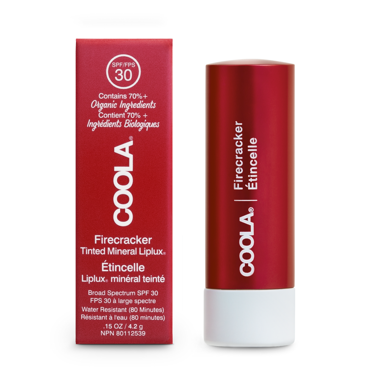  Liplux minéral teinté Coola Étincelle, FIreCracker, avec SPF 30, enrichi en ingrédients biologiques, protège et colore les lèvres avec une teinte rouge éclatante.