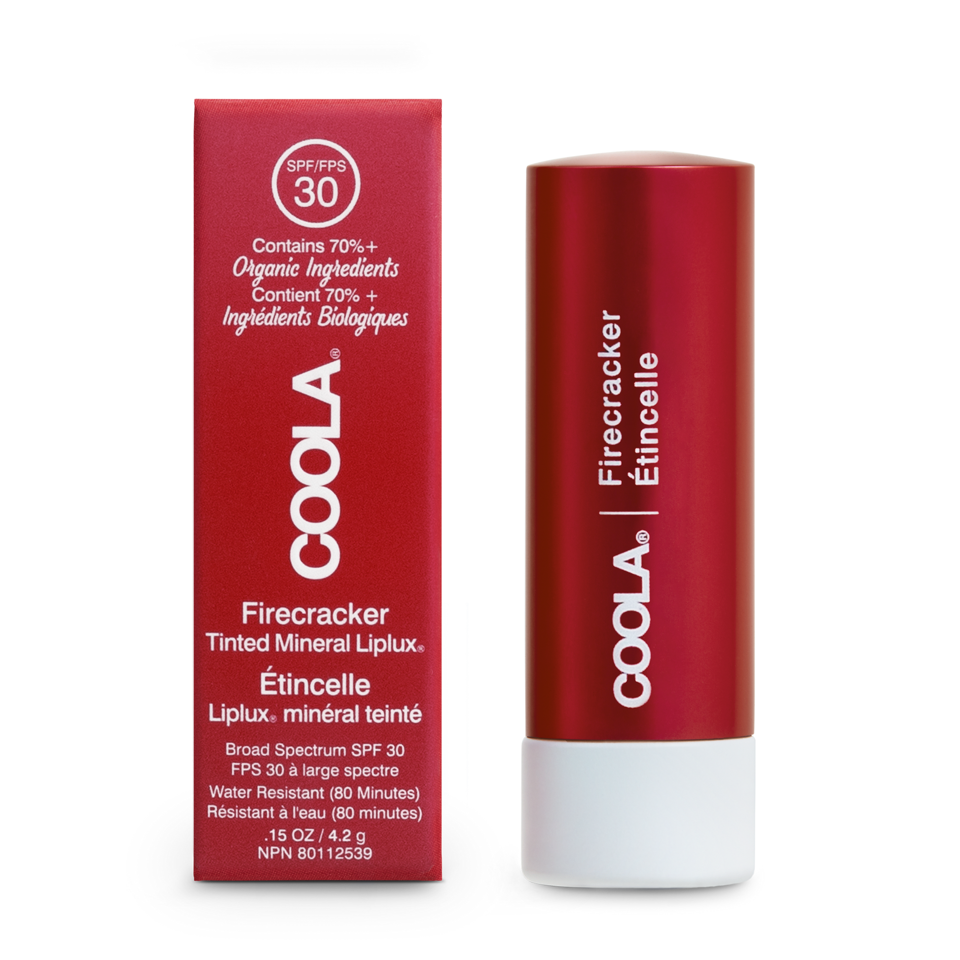  Liplux minéral teinté Coola Étincelle, FIreCracker, avec SPF 30, enrichi en ingrédients biologiques, protège et colore les lèvres avec une teinte rouge éclatante.