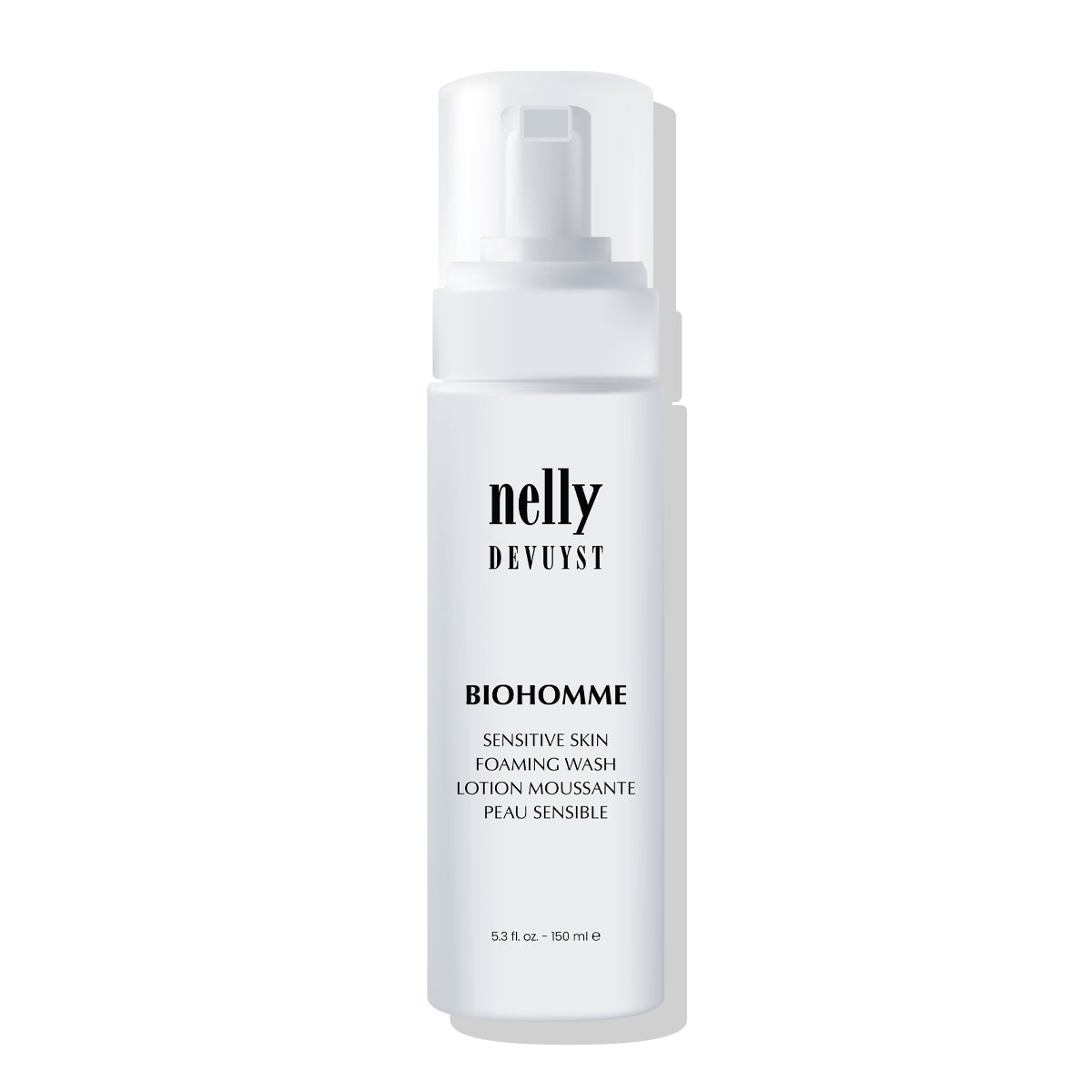 Lotion moussante peaux sensibles BioHomme de Nelly Devuyst en flacon airless, nettoyant visage pour homme formulé pour apaiser, purifier et protéger les peaux sensibles et réactives.