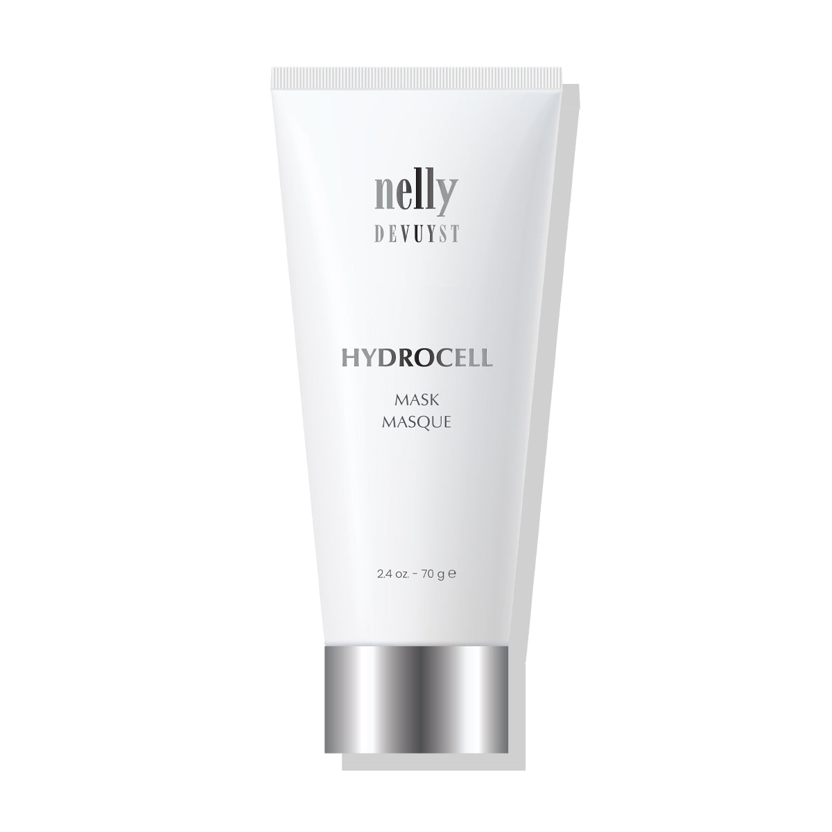 Tube blanc du Masque Hydrocell Nelly DeVuyst, soin certifié bio formulé pour restaurer l’hydratation, la souplesse et la vitalité de la peau sèche ou déshydratée.