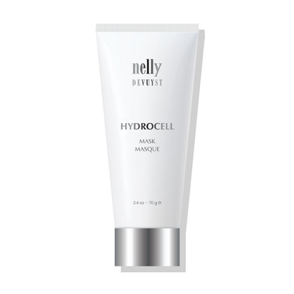 Tube blanc du Masque Hydrocell Nelly DeVuyst, soin certifié bio formulé pour restaurer l’hydratation, la souplesse et la vitalité de la peau sèche ou déshydratée.