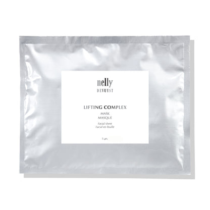 Sachet argenté du Masque Lifting Complex facial en feuille Nelly DeVuyst, soin anti-âge intensif à effet liftant immédiat, idéal pour revitaliser la peau et atténuer les signes du temps.