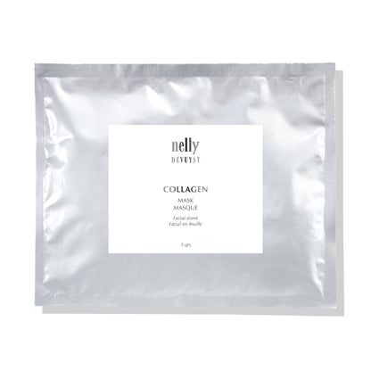 Sachet argenté du Masque Collagène facial en feuille Nelly DeVuyst, soin intensif à base de collagène marin conçu pour raffermir, lisser et revitaliser la peau du visage.