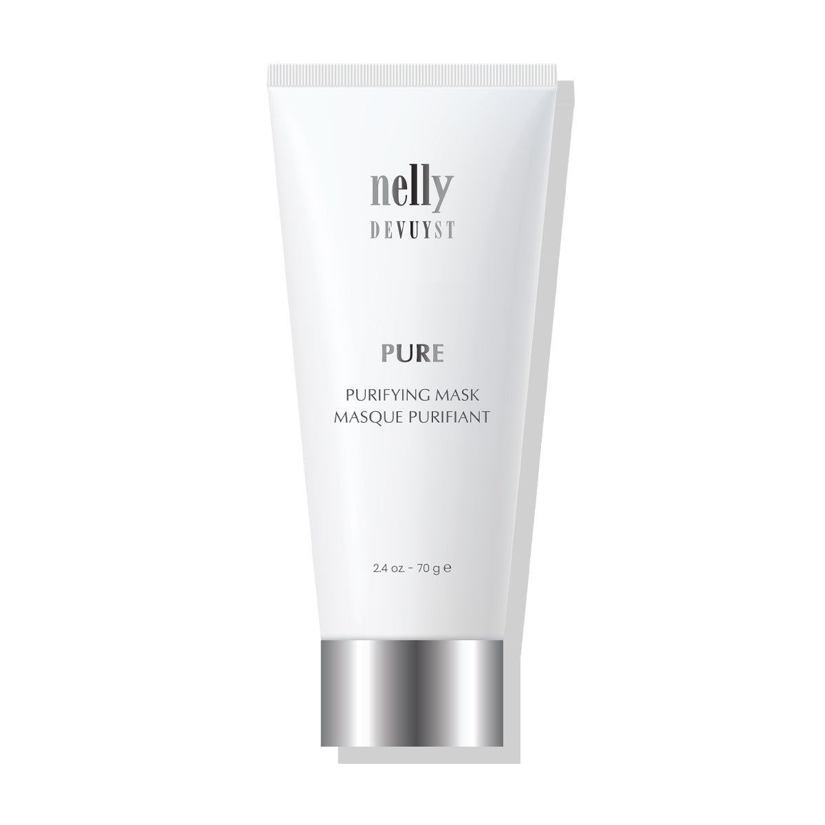 Masque Purifiant Pure de Nelly Devuyst en tube, soin visage purifiant conçu pour les peaux mixtes à grasses, aide à nettoyer les pores, réduire les impuretés et rééquilibrer la peau.