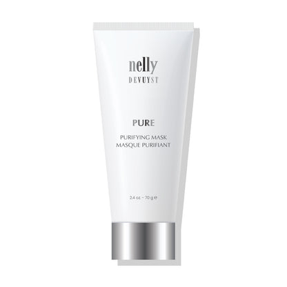 Masque Purifiant Pure de Nelly Devuyst en tube, soin visage purifiant conçu pour les peaux mixtes à grasses, aide à nettoyer les pores, réduire les impuretés et rééquilibrer la peau.