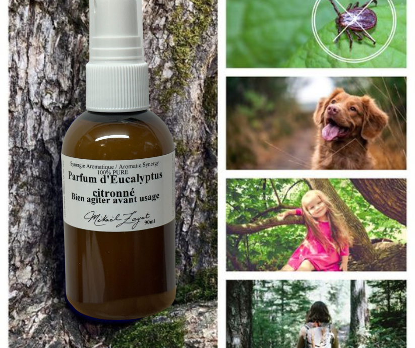 Collage d'images mettant en avant le spray Parfum d’Eucalyptus citronné, des paysages naturels, un chien, une enfant et une randonneuse, symbolisant une possibilité d'aide contre les tiques.