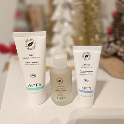 Trio de soins visage Phyt’s bio en format voyage : nettoyant, lotion adoucissante et crème hydratante pour peau normale à sèche.