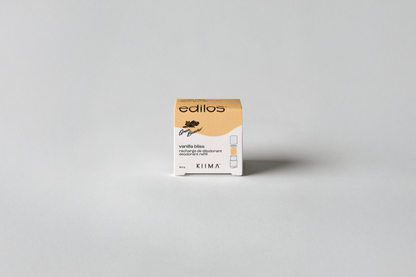 Recharge de déodorant naturel Kiima Vanilla Bliss, offrant une protection efficace avec une fragrance douce et enveloppante de vanille, idéale pour un rituel réconfortant au quotidien.