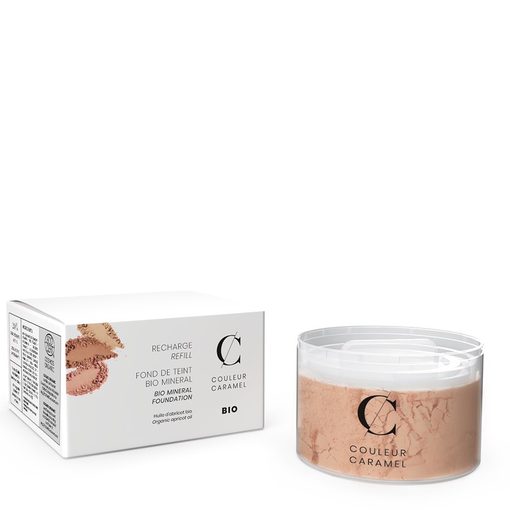 Recharge poudre Minérale Fond de Teint Couleur Caramel teinte Beige abricot 23, soin maquillant bio qui unifie le teint et apporte un effet bonne mine instantané.