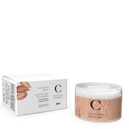 Recharge poudre Minérale Fond de Teint Couleur Caramel teinte Beige abricot 23, soin maquillant bio qui unifie le teint et apporte un effet bonne mine instantané.