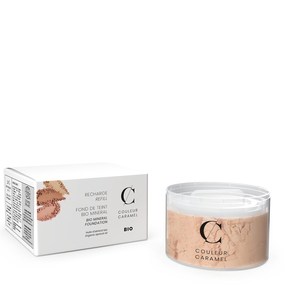 Recharge poudre Minérale Fond de Teint Couleur Caramel teinte Beige clair, recharge écoresponsable à base d’huile d’abricot bio pour un teint lumineux et naturel.