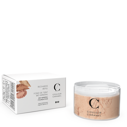 Recharge poudre Minérale Fond de Teint Couleur Caramel teinte Beige clair, recharge écoresponsable à base d’huile d’abricot bio pour un teint lumineux et naturel.