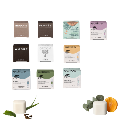 Assortiment de recharges de déodorant naturel Kiima aux fragrances variées, conçues pour s’adapter à tous les styles et préférences.