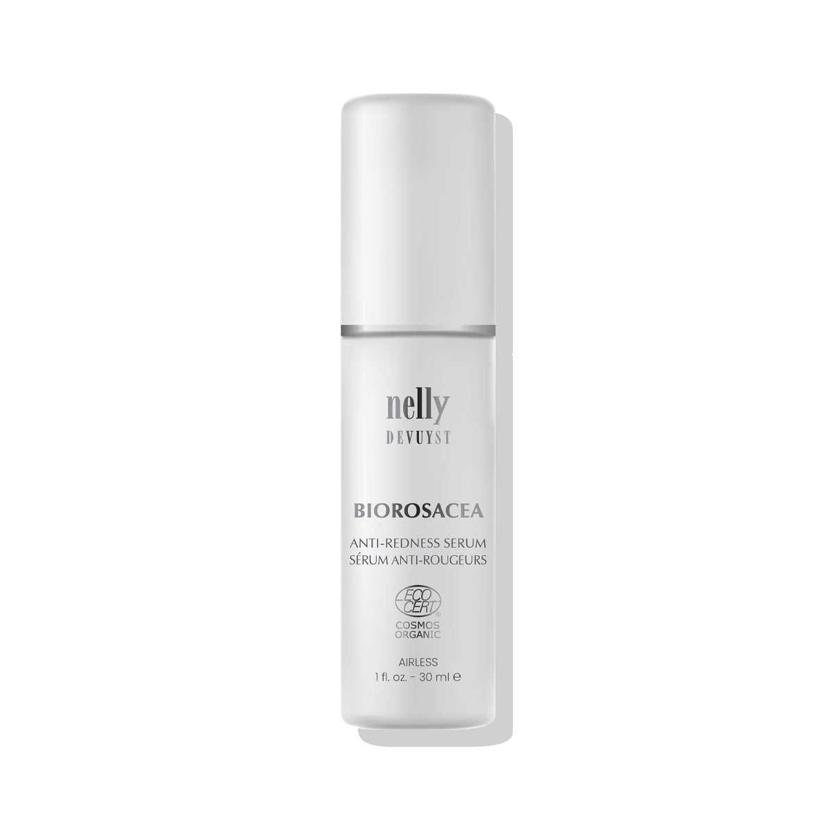 Flacon pompe airless 30 ml du Sérum Anti-Rougeurs BioRosacea Nelly Devuyst, certifié ECOCERT COSMOS Organic, traitement pour acné rosacée, rougeurs et pustules.
