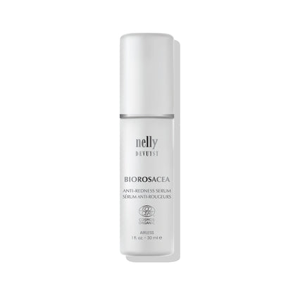 Flacon pompe airless 30 ml du Sérum Anti-Rougeurs BioRosacea Nelly Devuyst, certifié ECOCERT COSMOS Organic, traitement pour acné rosacée, rougeurs et pustules.