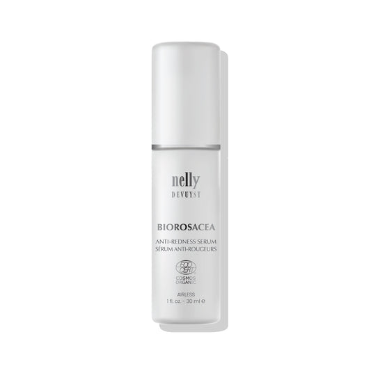 Flacon pompe airless 30 ml du Sérum Anti-Rougeurs BioRosacea Nelly Devuyst, certifié ECOCERT COSMOS Organic, traitement pour acné rosacée, rougeurs et pustules.