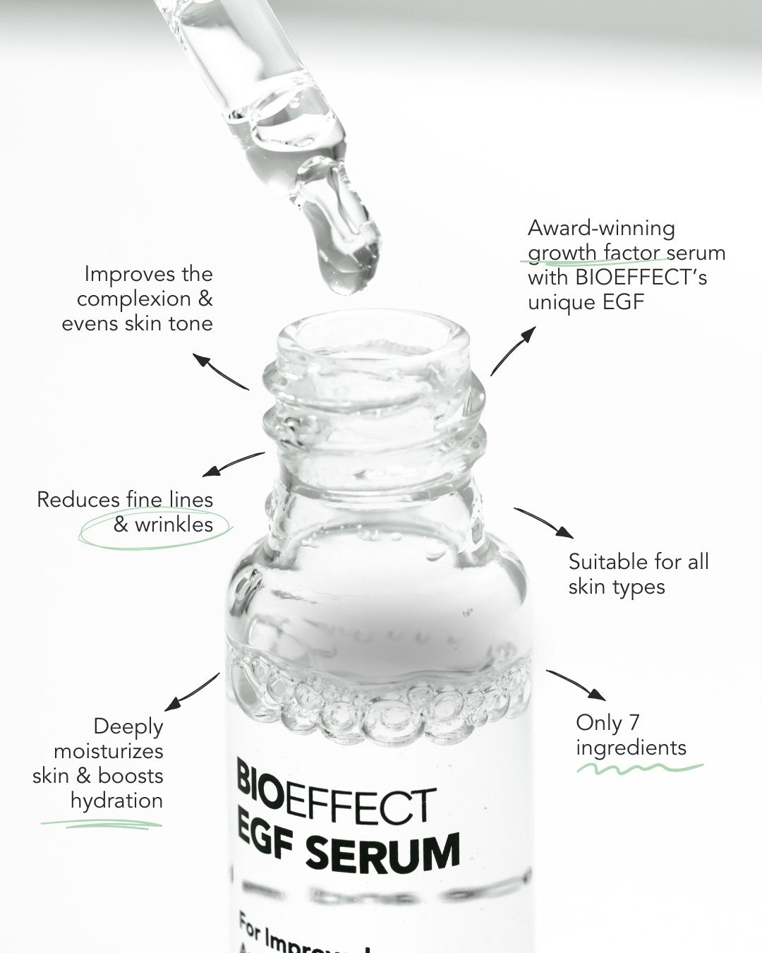 Gros plan sur le sérum EGF Bioeffect en action. Texture ultra légère, réduit les rides et améliore le teint avec seulement 7 ingrédients.