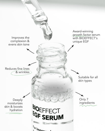 Gros plan sur le sérum EGF Bioeffect en action. Texture ultra légère, réduit les rides et améliore le teint avec seulement 7 ingrédients.