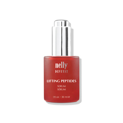 Sérum Lifting Peptides Nelly DeVuyst en flacon pompe rouge, soin raffermissant intensif conçu pour lisser la peau et redéfinir les contours du visage.