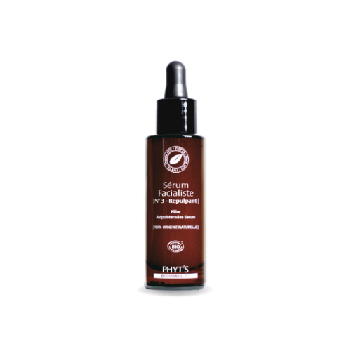Serum Facialiste No 3 repulpant de Phyts en flacon brun avec pipette sur fond blanc, soin bio anti-age hydratant et volumateur
