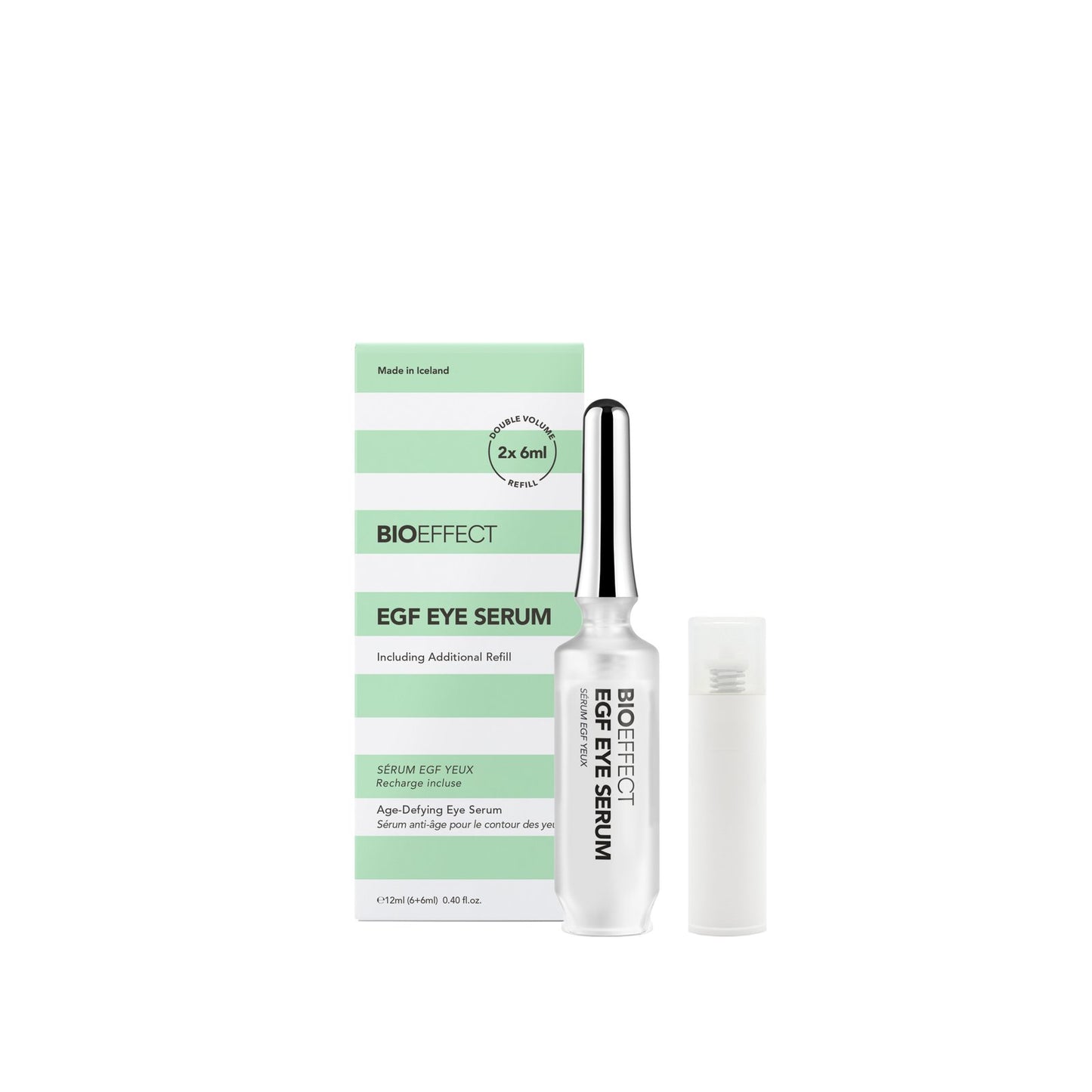 Flacon de sérum yeux EGF Bioeffect ouvert avec embout bille et capuchon argenté sur fond pâle, mettant en valeur le design épuré du produit en recharge. (refill)