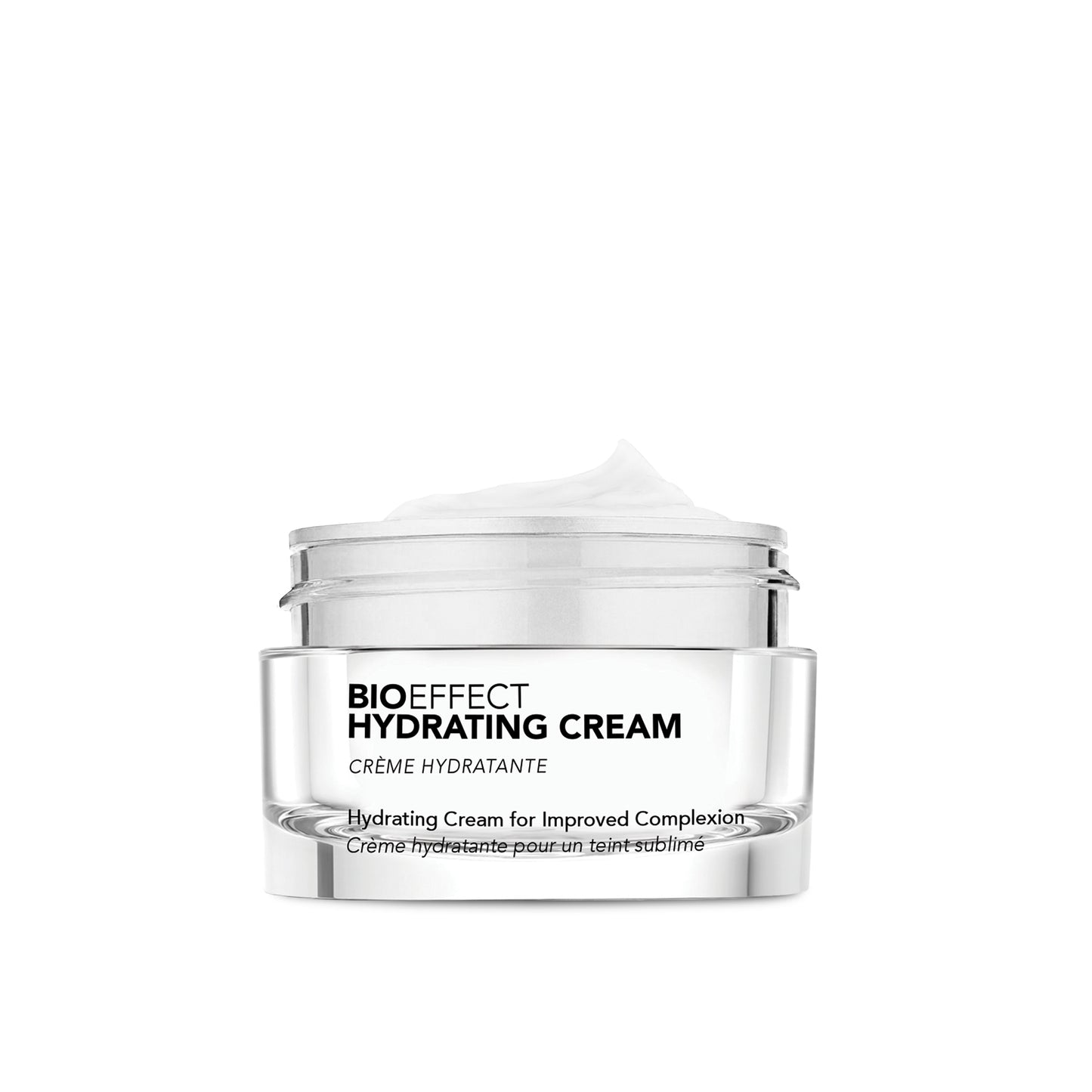 Vue en gros plan du pot ouvert de la crème hydratante Bioeffect, mettant en valeur sa texture soyeuse et onctueuse, idéale pour hydrater en profondeur.