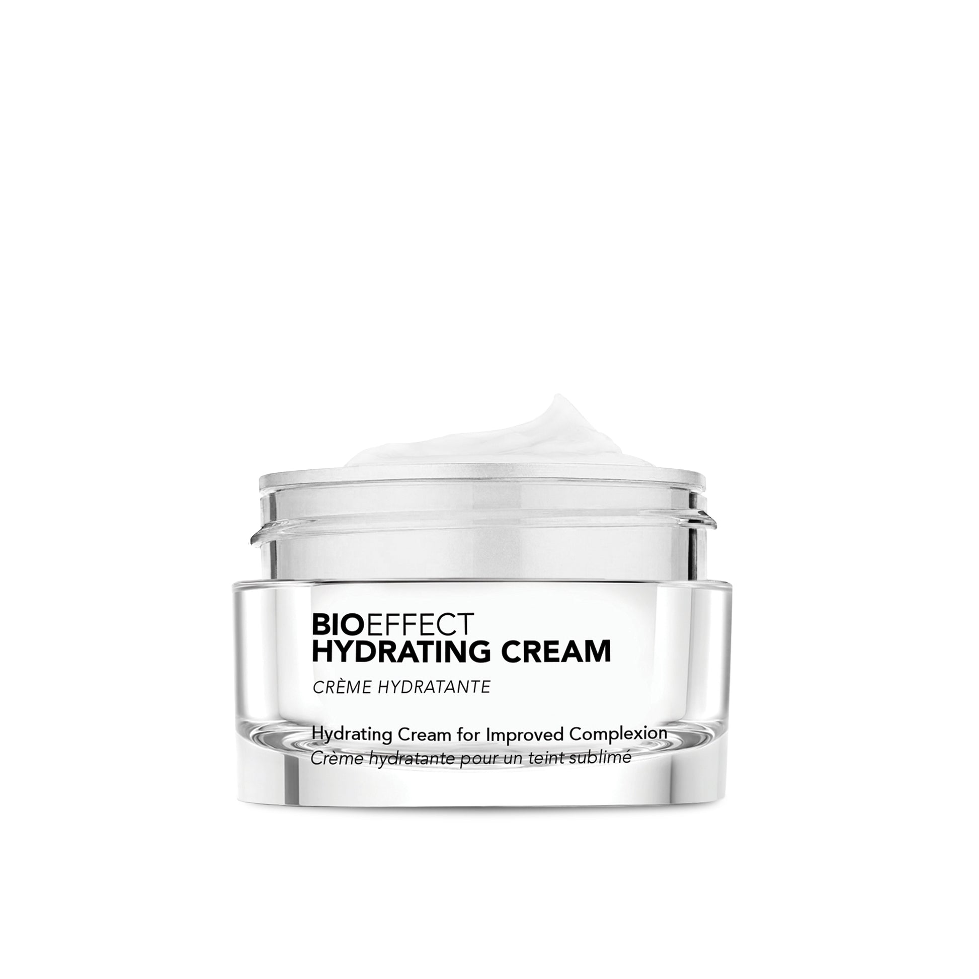 Vue en gros plan du pot ouvert de la crème hydratante Bioeffect, mettant en valeur sa texture soyeuse et onctueuse, idéale pour hydrater en profondeur.