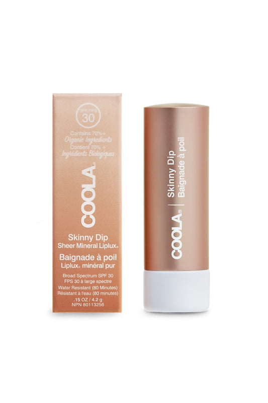 baume a levres mineral fps 30 skinny dip de coola avec sa boite protection solaire hydratation et brillance naturelle