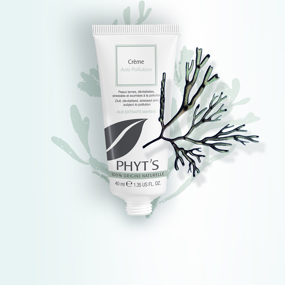 Crème bio anti-pollution aux extraits marins de Phyt’s, formulée pour apaiser et réénergiser les peaux dévitalisées et soumises à la pollution.