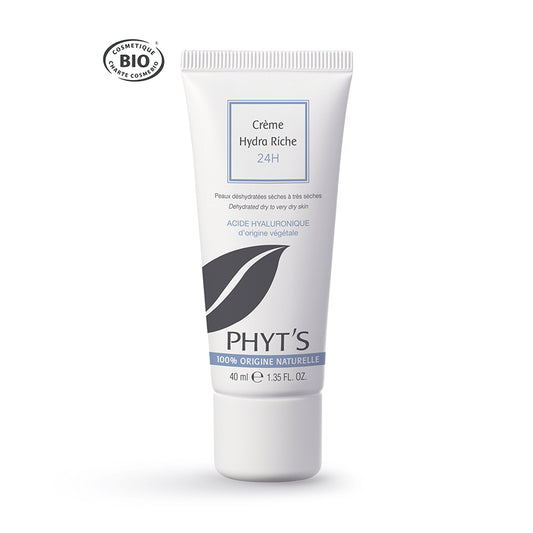Cette crème hydratante 24H nourrit en profondeur les peaux très sèches grâce à l’acide hyaluronique d’origine végétale et aux extraits bio certifiés.