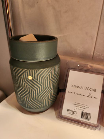 Diffuseur pour cubes de cire en céramique jade accompagné de cire parfumée naturelle Ananas Pêche Coriandre pour une ambiance sensorielle unique.