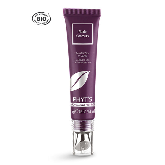 Fluide Contours Phyt’s certifié bio pour hydrater, lisser et protéger naturellement la zone délicate des yeux et des lèvres.