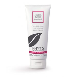 Lait corporel bio Douceur Fleurie au jasmin de Phyt’s, pour une hydratation longue durée et un parfum floral réconfortant.