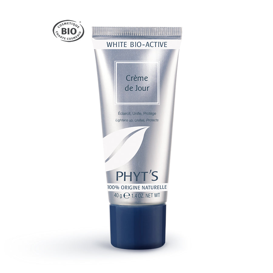 Soin visage bio éclatant Phyt’s : la Crème de Jour White Bio-Active offre une protection et une hydratation quotidienne pour un teint unifié et lumineux.