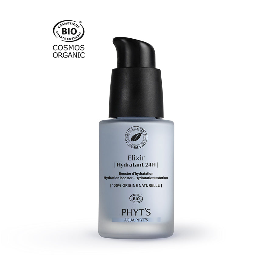 Sérum élixir hydratant certifié bio Phyt’s, à base d’acide hyaluronique végétal, qui booste l’hydratation tout en respectant l’équilibre naturel de la peau.