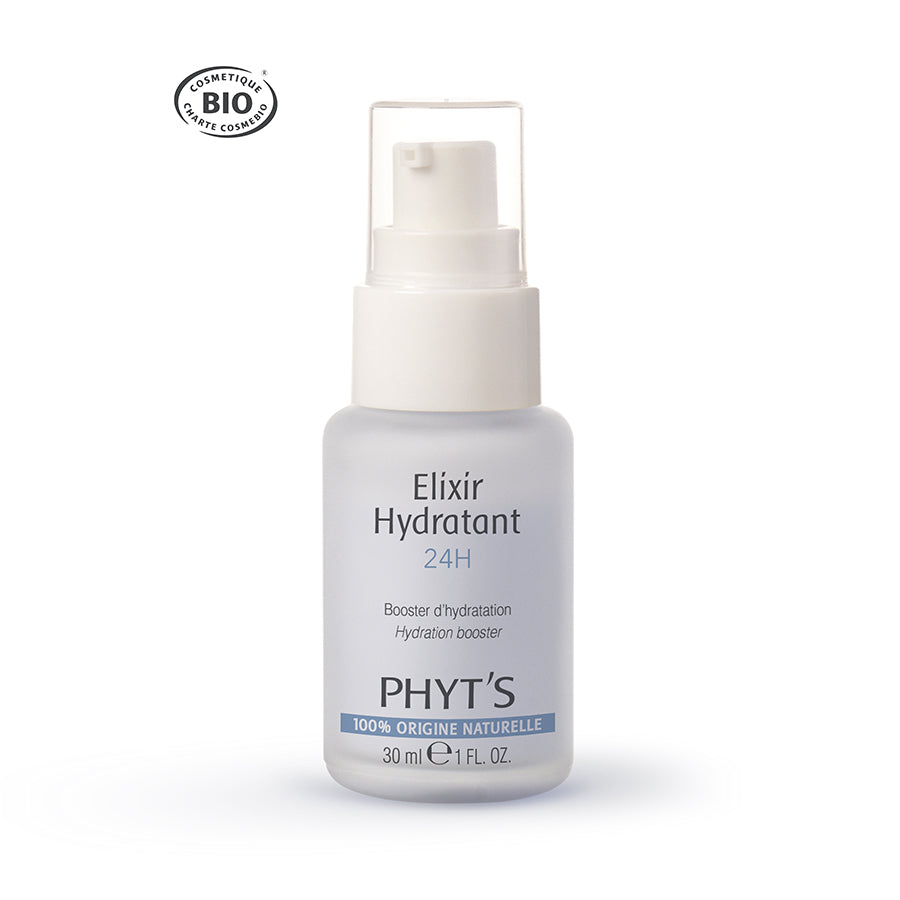 Sérum élixir hydratant certifié bio Phyt’s, à base d’acide hyaluronique végétal, qui booste l’hydratation tout en respectant l’équilibre naturel de la peau.